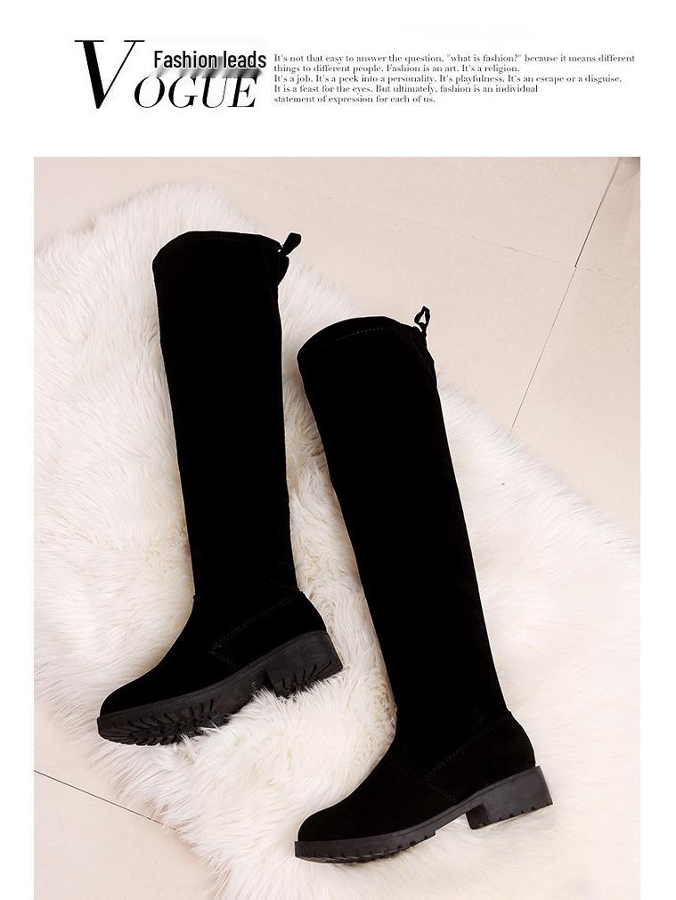 Dámské zimní mikroelastické kozačky nad koleno s vnitřním zvýšením na plochém podpatku 2023.