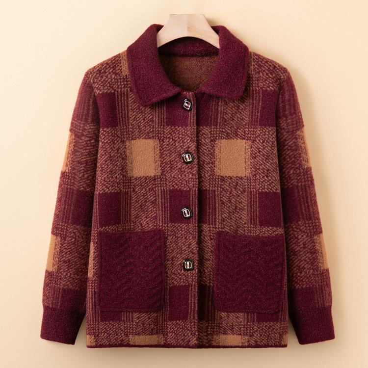 Mom Dress Stylish Lapel Knitted Jacket for Women In Spring and Autumn New Loose Plaid Cardigan Grandma Thick Top