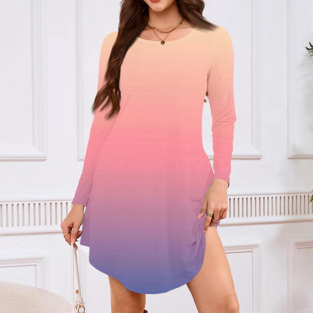 Dam Långärmad T-shirtklänning Med Rund Hals, Knälång, Lös Passform, Casual Och Fickor