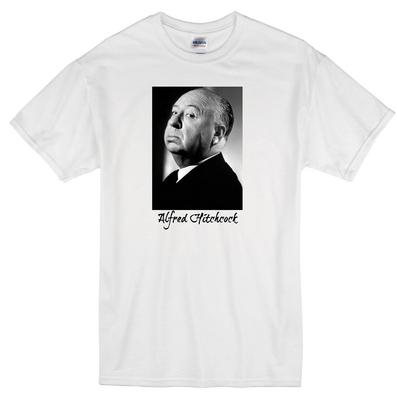 ALFRED HITCHCOCK REGISTA CINEMATOGRAFICO PSYCHO VERTIGO LA FINESTRA SUL CORTILE GLI UCCELLI T-shirt BIANCA