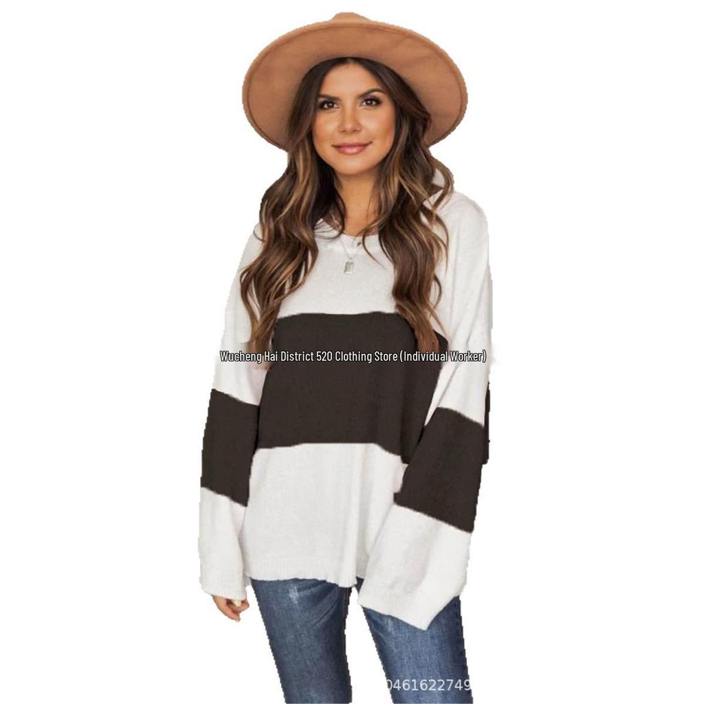 2026 New Commuting Plus Size Round Neck Color Block Stripe Knit Sweater for Women
