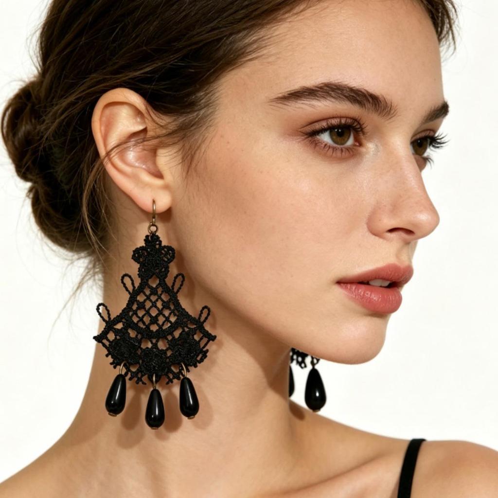 Black Lace Hollow-out Ethnic Stud Earrings for Women