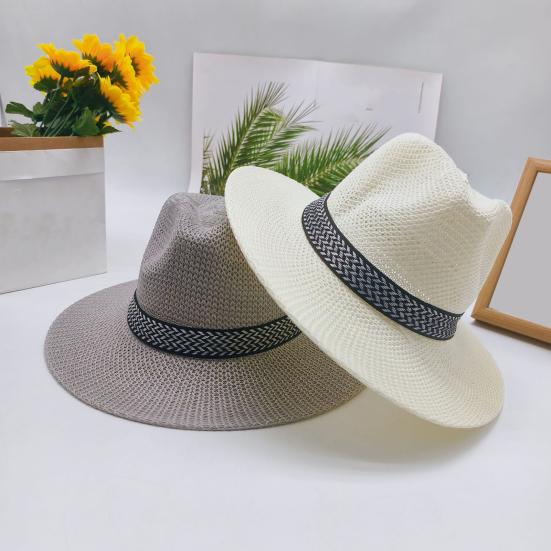 Men Summer Fisherman Hat Hollow Straw Weaving Full Face Sun Protection Wide Brim Western Cowboy Hat with Black Ribbon Decor Foldable Beach Hat