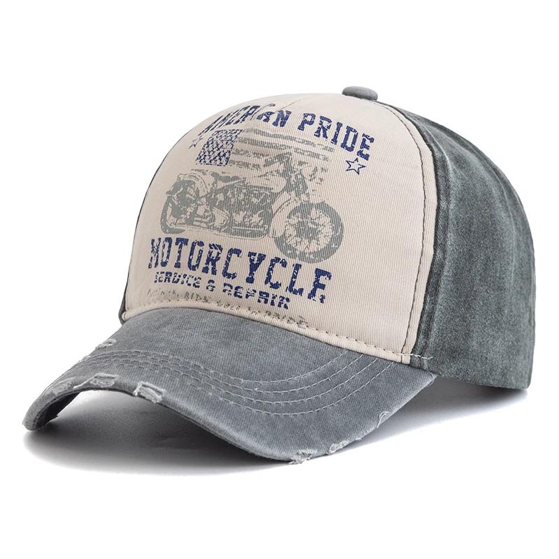 New Motorcycle Printing Baseball Cap Vintage Color Block Washed Cap Adjustable Dad Hats for Women Men