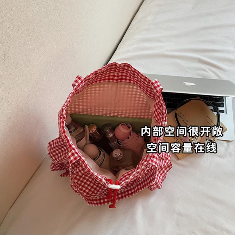 Casual Plaid Ruffle Design Shoulder Bags for Women High Capacity Ladies Tote Bag College Style Girls Drawstring Shopping Handbag