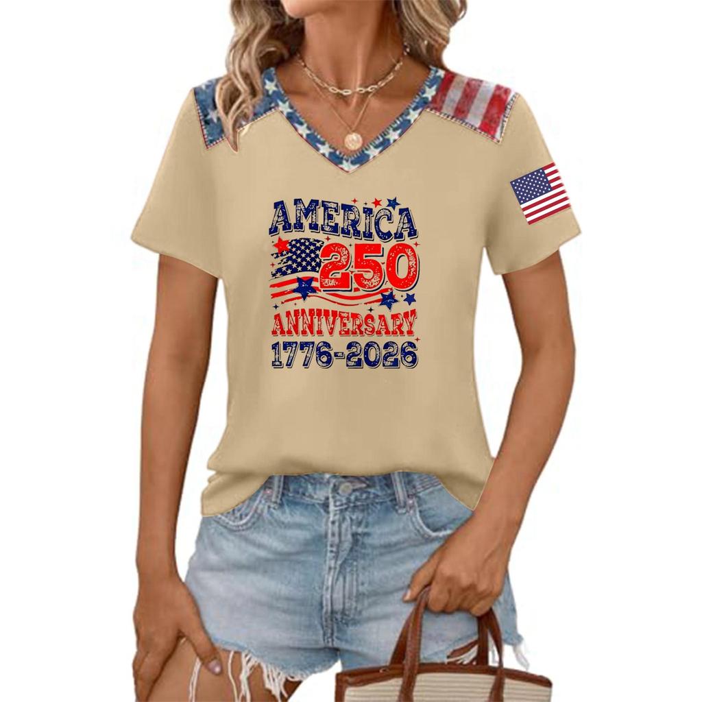 Women's Casual V Neck Short Sleeve Pullover T Shirt Top American Flag Print 250th Anniversary Graphic Tee Lightweight Comfortable