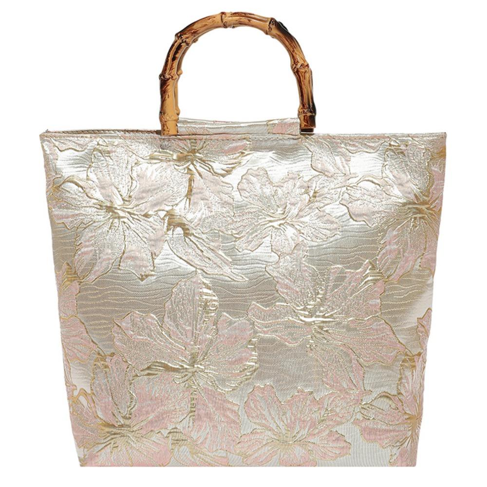 Borsa Tote Jacquard in Tela Chegsam Accessori Manico con Giunzione in Bambù Borsa a Mano Stile Cinese Grande Capacità Chiusura con Zip