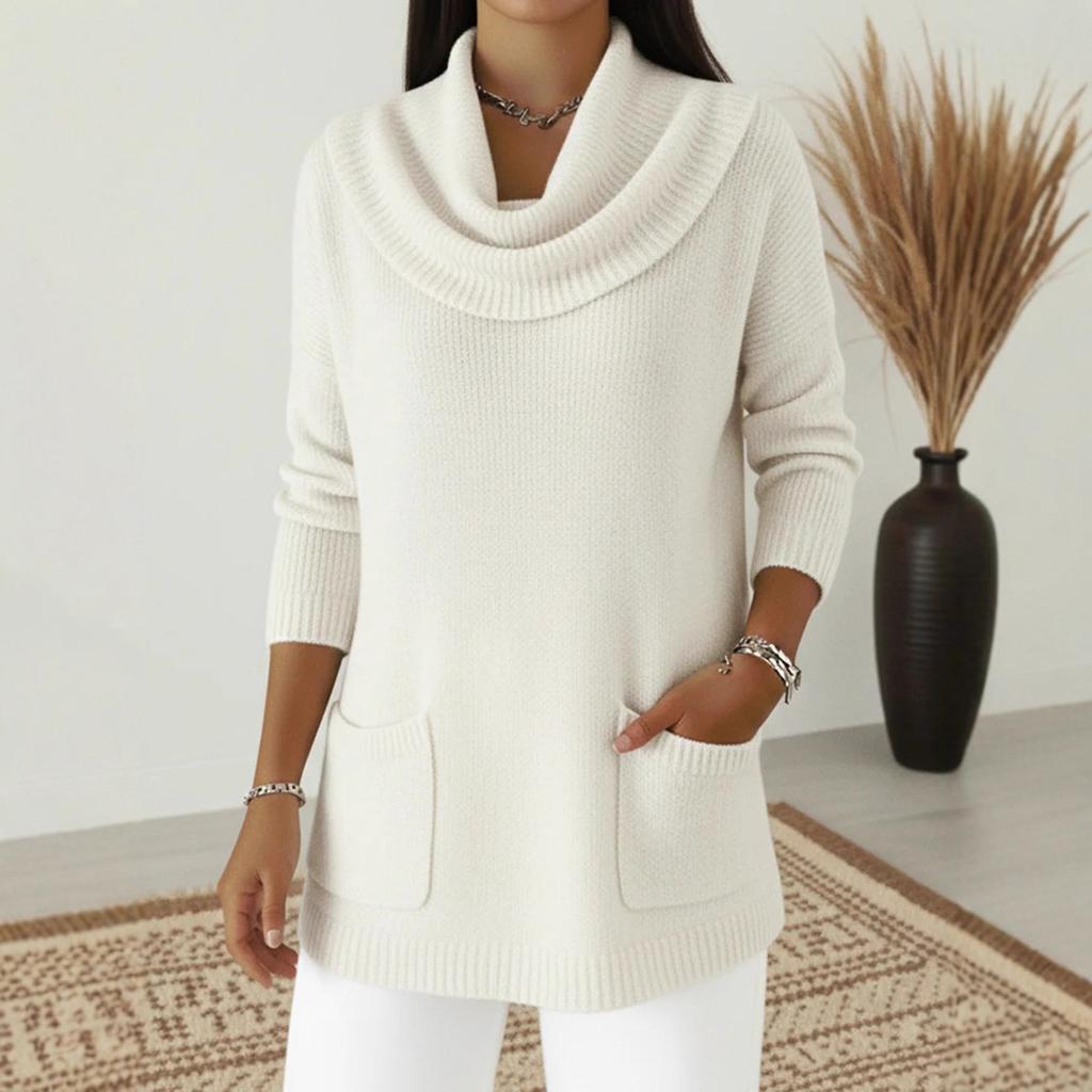 Herfst Winter Effen Kleur Gestapelde Kraag Lange Mouwen Comfortabele Casual Zak Pullover voor Dames met Zak Topjes