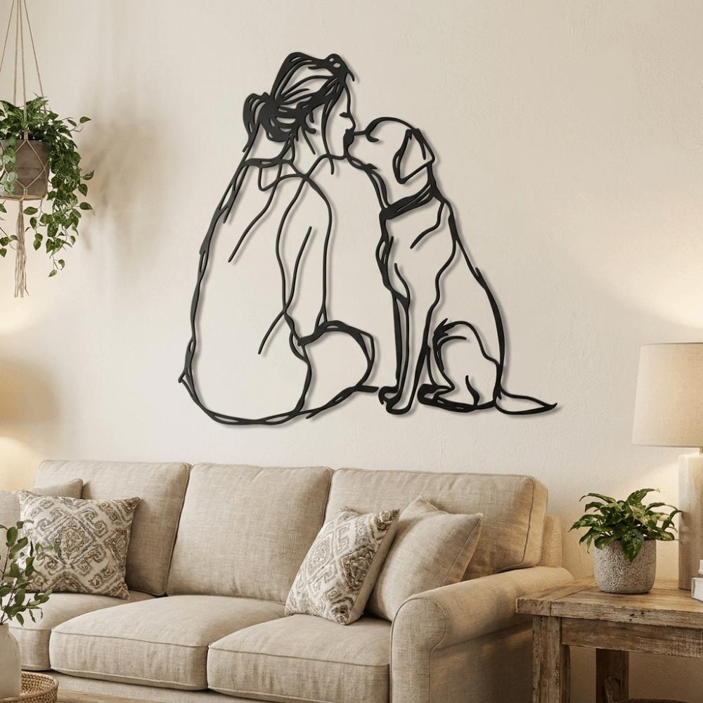 Minimalist Woman And Dog Wall Decor 2D Flat Line Art Metal Decor Modern Wall Decor Modern Home