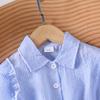 Girls' Fashionable Blue Suit for Summer Children's Casual Striped Flared Short-sleeved Loose Pants Set of Two Pieces