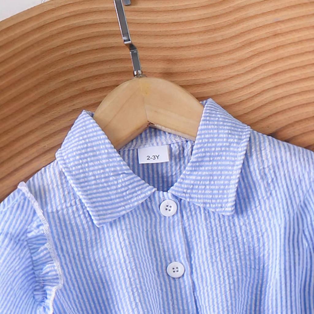 Girls' Fashionable Blue Suit for Summer Children's Casual Striped Flared Short-sleeved Loose Pants Set of Two Pieces