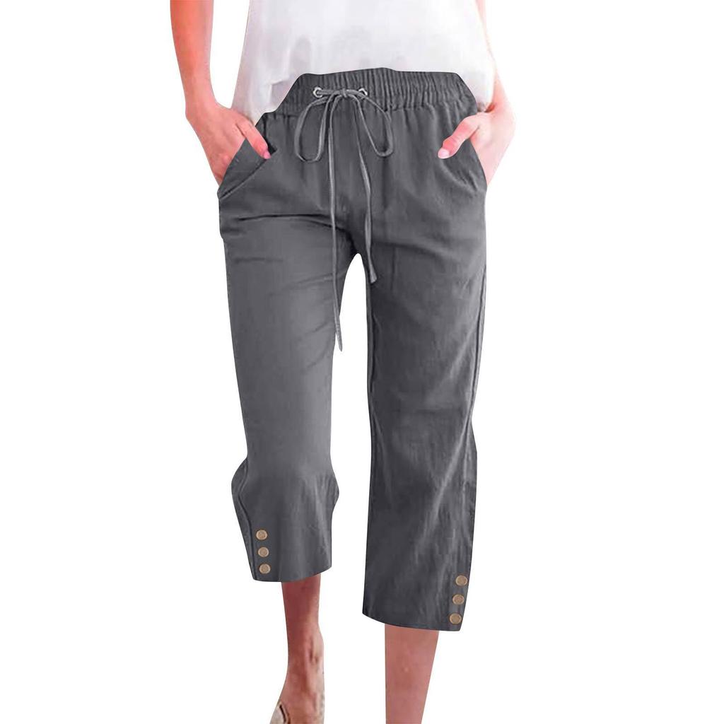 Spring Solid Color Cotton Linen Drawstring Cropped Pants