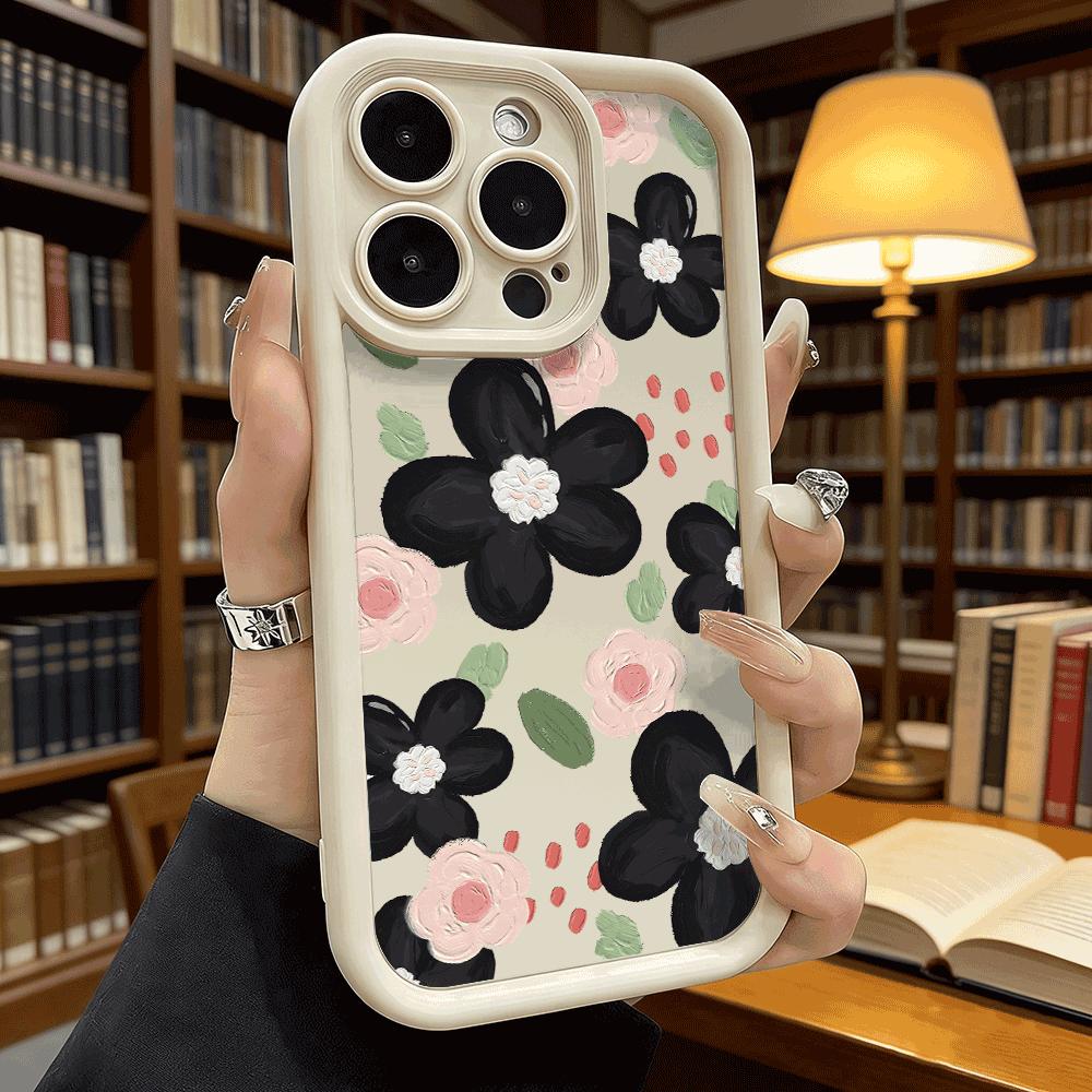 Black and Pink Floral Pattern Phone Case for iPhone 17 16 15 14 13 12 11 Pro Max Plus Anti Scratch, Gel Flexible Protective
