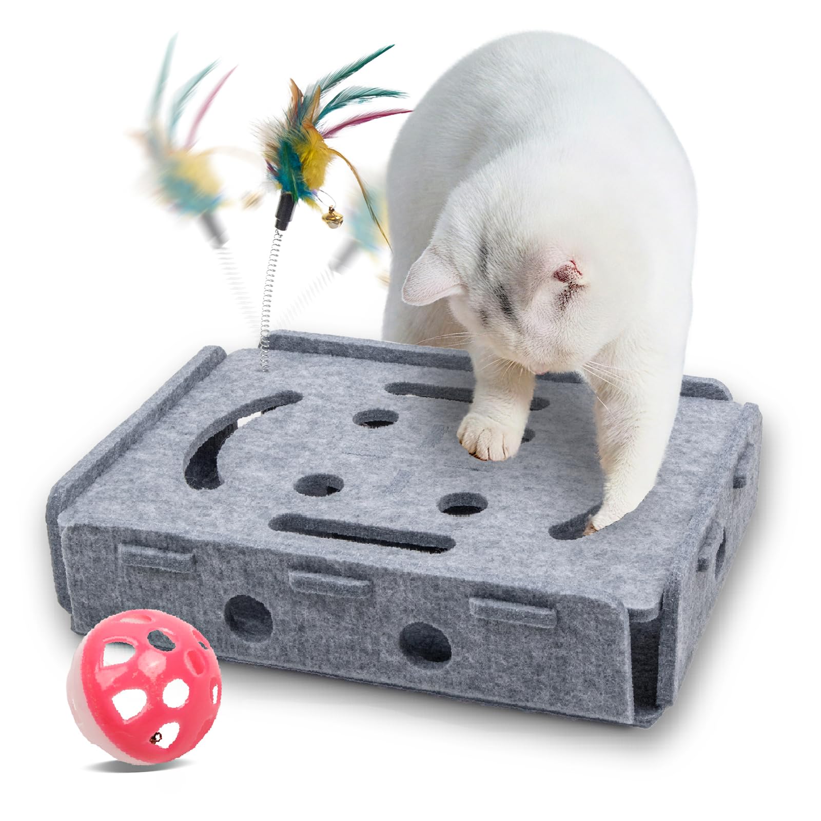 

YUCHONG 3-Way Cat Scratching Post, Felt Scratching Toy, Teaser and Toy Box for Solo Play, Spring Feather and Bell Ball for Digging and Pecking, Felt