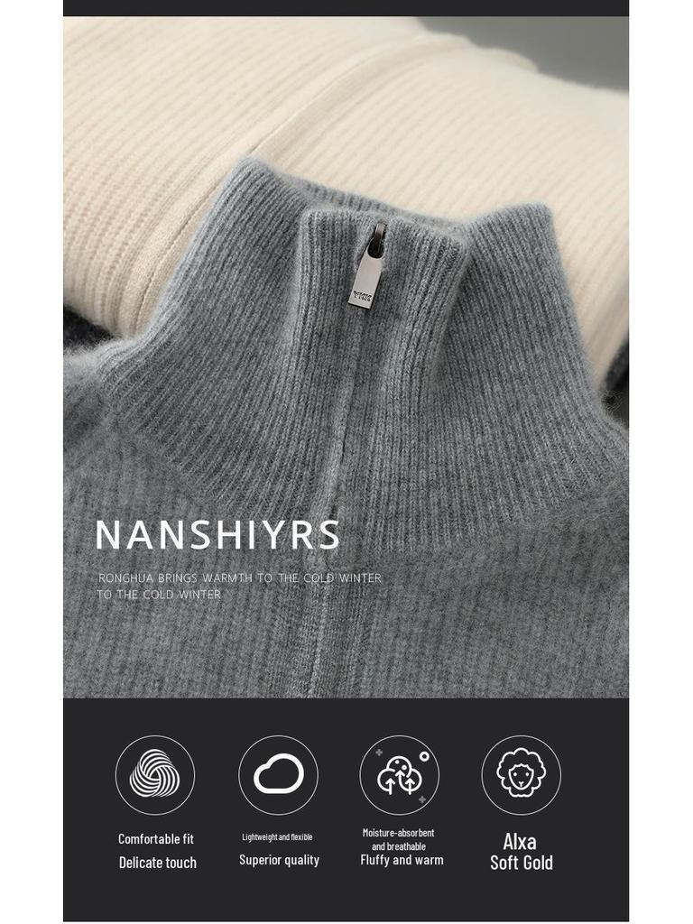 Men's Double-Ply Pure Wool High Neck Zipper Cardigan - Thickened Loose Casual Knit Sweater for Autumn and Winter.