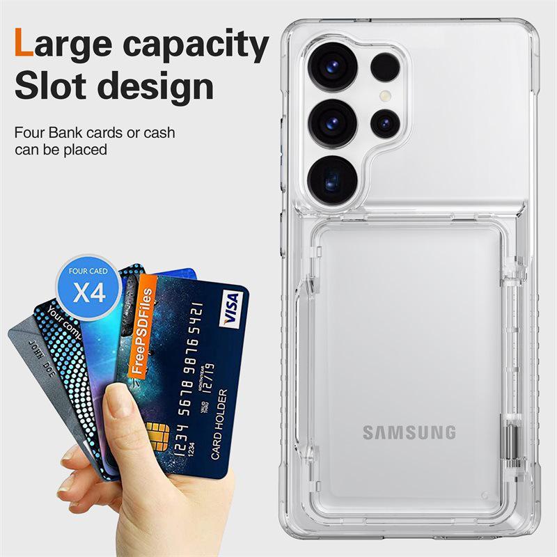 Samsung Galaxy S25 Ultra Transparent Flip Phone Case with Card Holder and Drop-proof Protection.