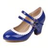 Pink Patent Leather Double Ankle Strap Mary Janes Women High Block Heels White Purple Bordered Sweet Dress Lady Round Toe Pumps