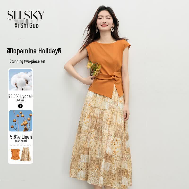 Sllsky Women s Orange Floral Print Two-Piece Skirt Set L