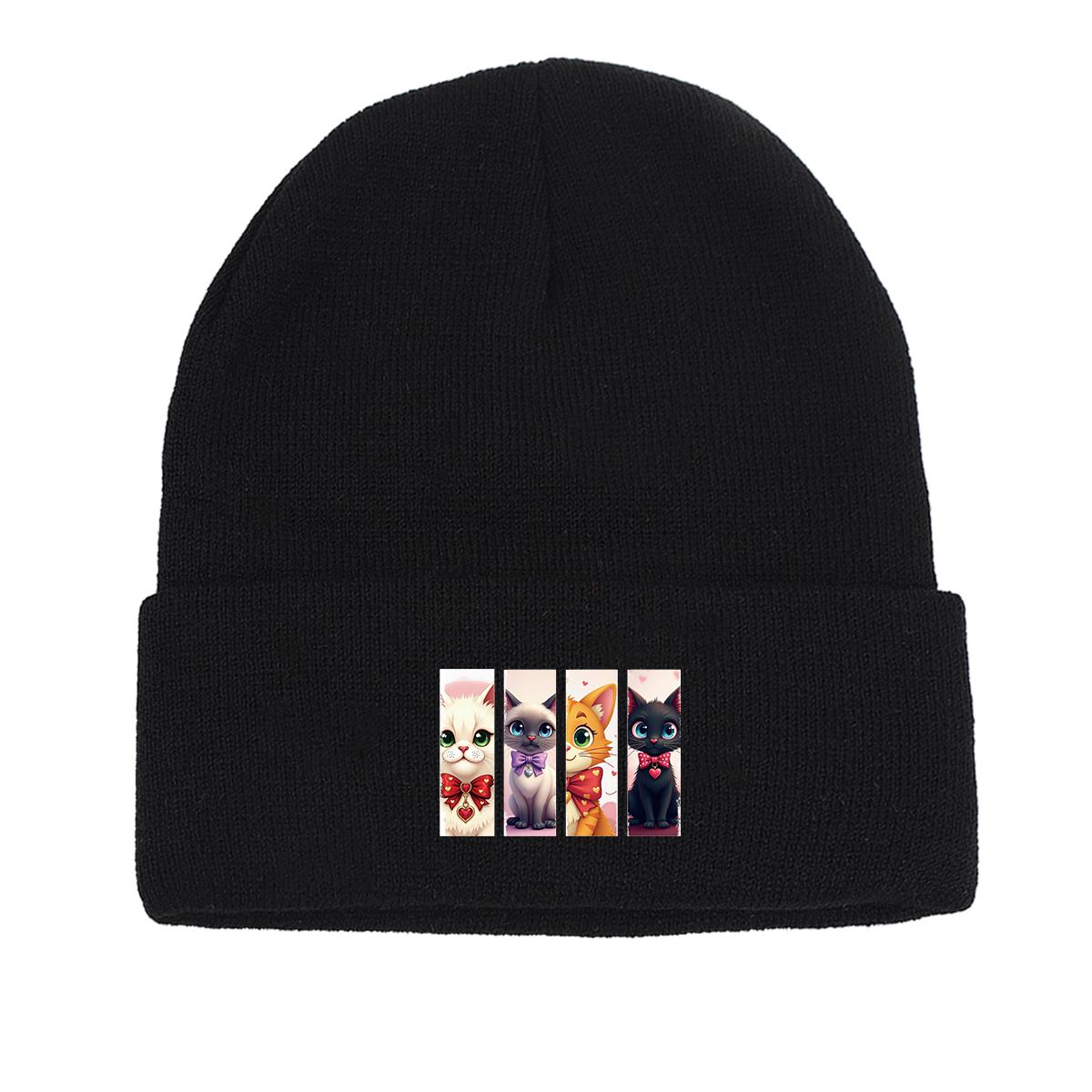 

Зимняя вязаная шапка с изображением мультяшного кота, шапка с черепом животного, легкая манжета, модная вязаная шапка-капка as the picture чёрный