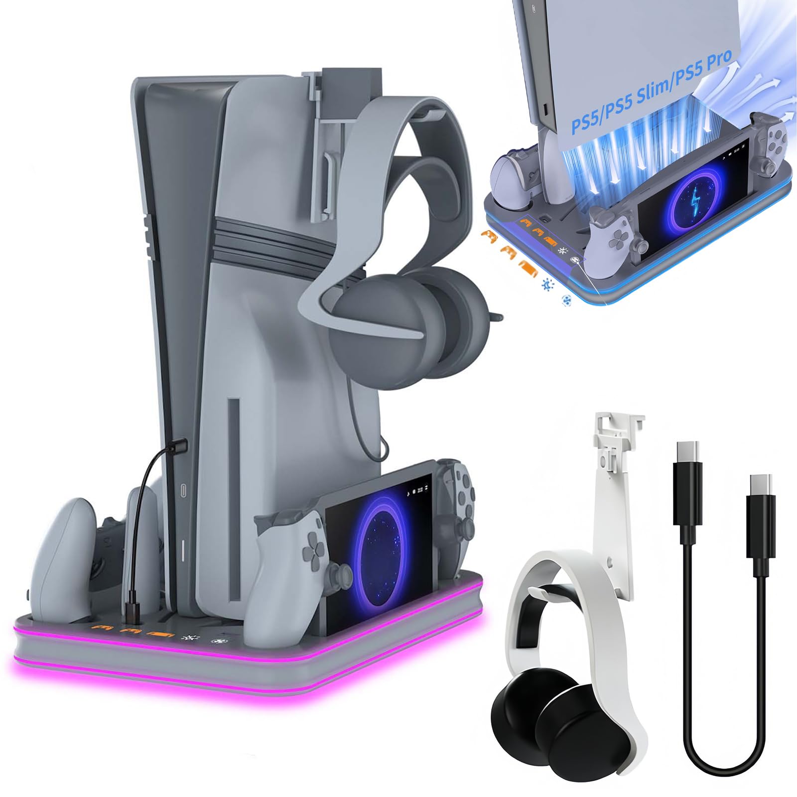 

PS5 Pro Вертикальна охолоджувальна підставка з усіма PS5 Lwuckbarrt Підставка для PS5 Вертикальний режим Регулювання швидкості вітру Контролер PS5 та PS Port 3 пристрої одночасно сірий колір