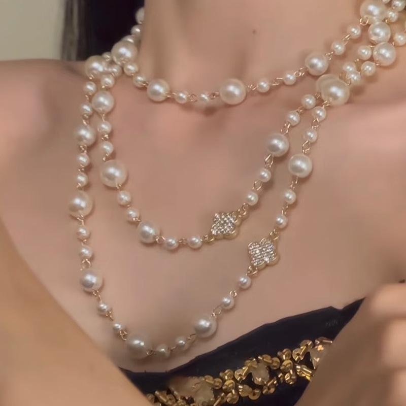 Baroque Diamond Flower Layer Pearl Beaded Necklace French Elegant Temperament Sweater Chain Neck Chain Women