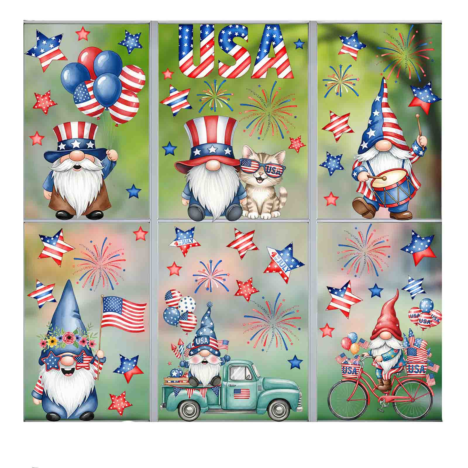Removable Static Cling Window Decals 9 Pieces USA Patriotic Gnome Balloon Star Fireworks Glass Stickers for Independence Day Decoration One Size