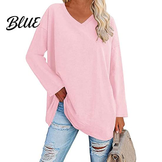 T-shirt Top V-neck Long Sleeve Mid-Length Spring Tunic Autumn Solid Color Loose Pullover Streetwear Blouse
