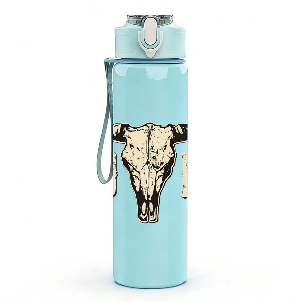 1PC Bull Cow Skull Western Style Print 750ml Color Plastic Sports Water Bottle Leakproof Flip Straw Lid Suitable for Sports Office Home Use