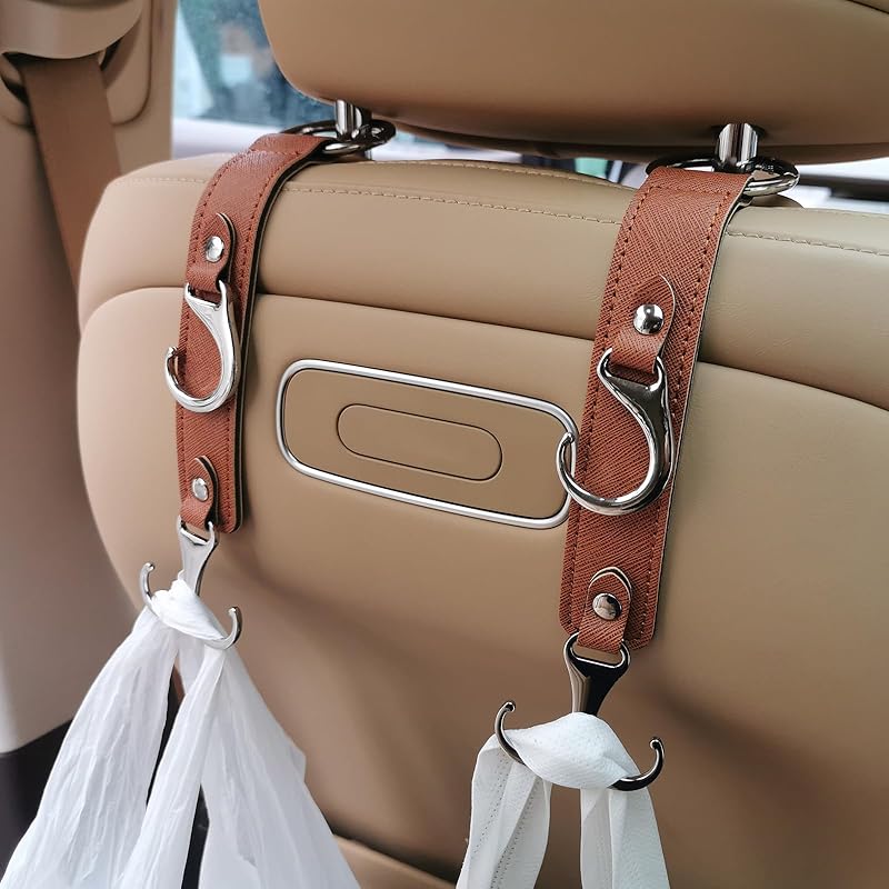 Headrest Hooks For Car Back Seat Organizer Black Faux Leather Hanger Holder Hook, For Hanging Purses And Bags And Coats Grocery Bag Umbrellas Handbag