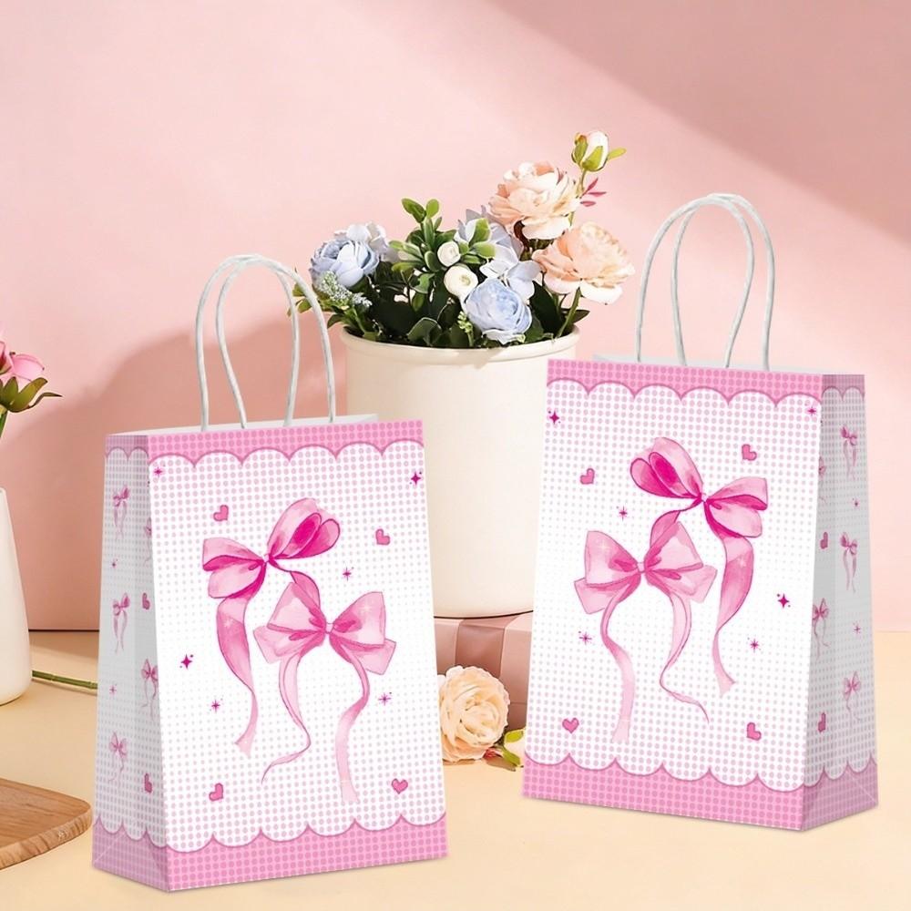 5PCS Sweet Pink Paper Gift Bags White Bow Handheld Design Pink Bow Theme Bow Themed Paper Material Candy Tote Bag Wedding Party