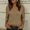 Women Solid Color Loose Cold Shoulder Round Neck Five Quarter Sleeve Casual T Shirt
