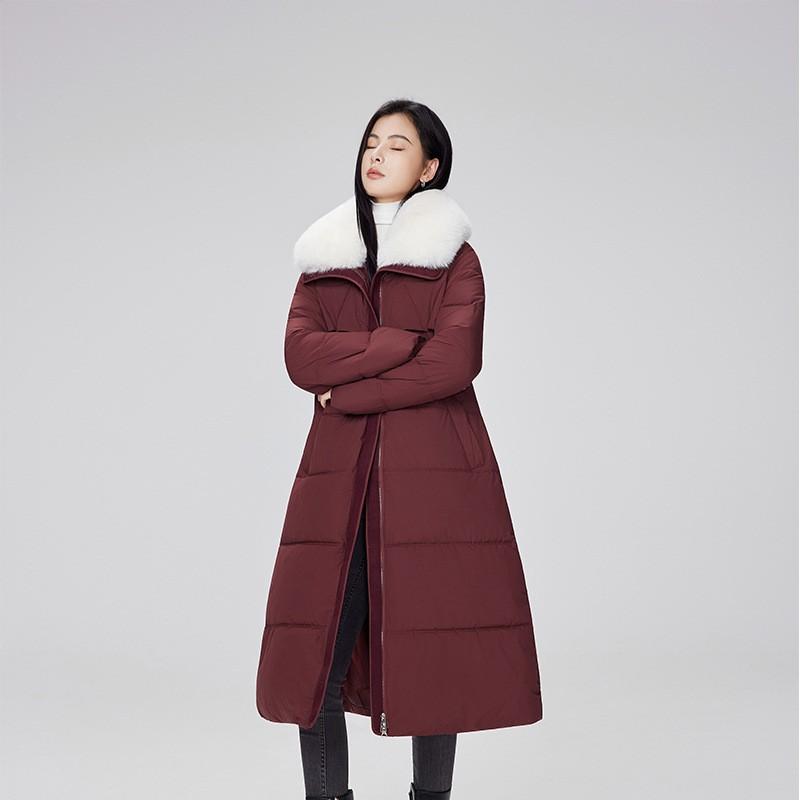 Womens Long Winter Coat With Detachable Faux Fur Collar Thick Cotton-Padded Parka Slim Fit Over-Knee Outerwear
