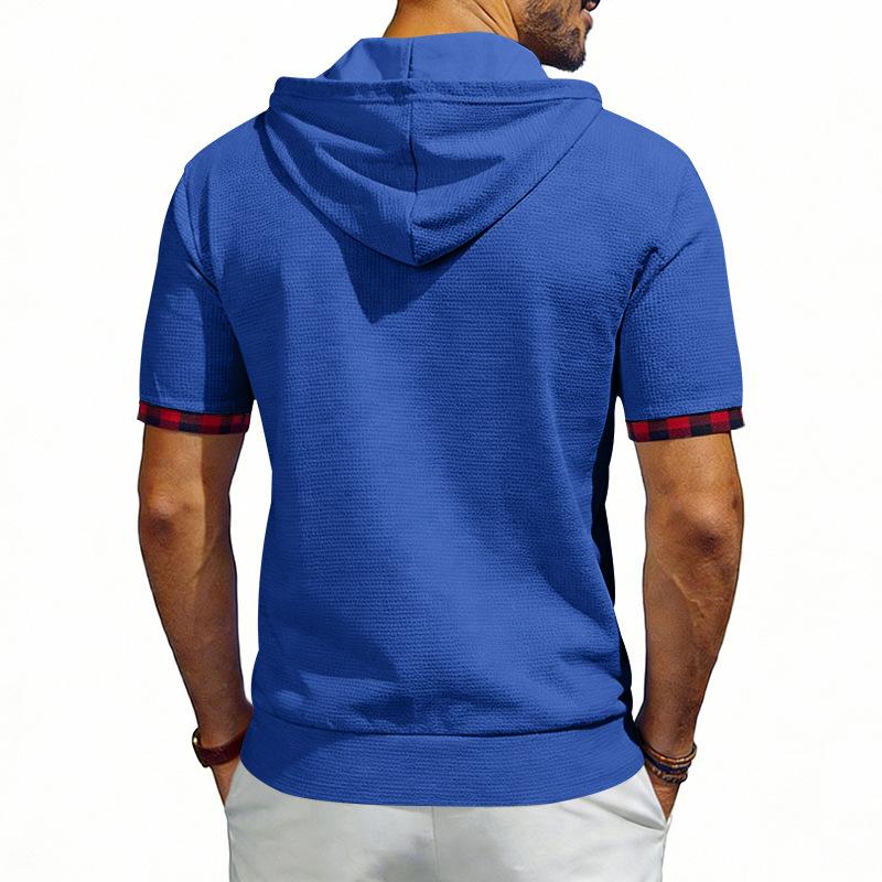 Men's Hooded T-Shirt Short Sleeve Contrast Plaid Cuff Drawstring Breathable Casual Pullover Tops Summer Hooded Tees Men