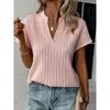 Women's New Summer Top Solid Color V-neck Striped Short-sleeved Casual T-shirt Shirt
