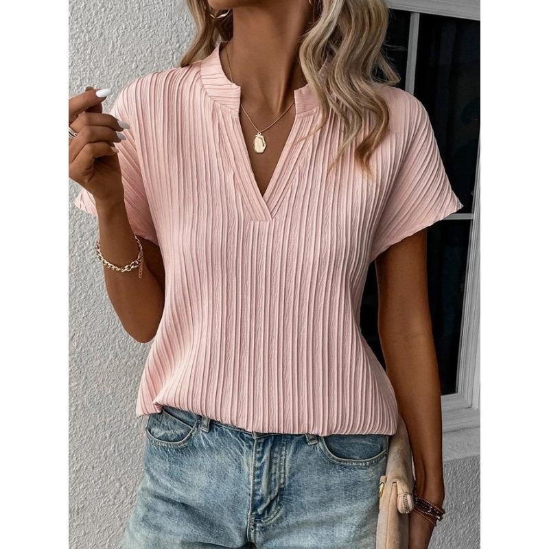 Women's New Summer Top Solid Color V-neck Striped Short-sleeved Casual T-shirt Shirt