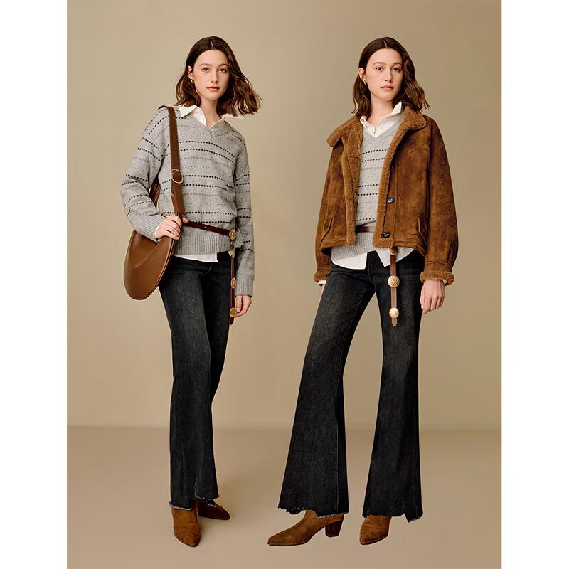 Yinman Striped V-Neck Wool Blend Knit Sweater