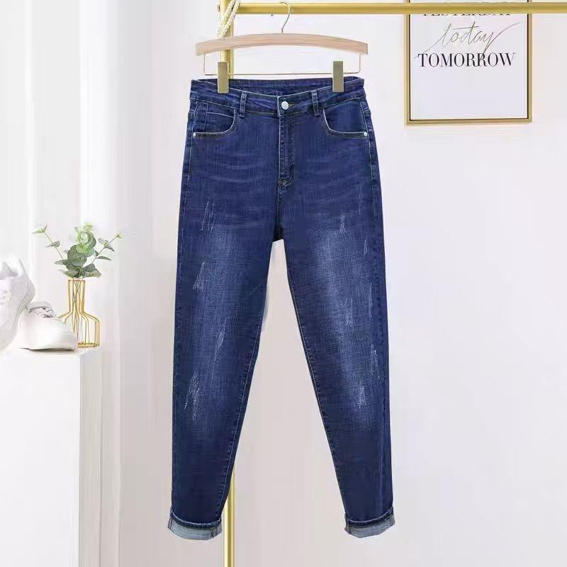 

Spring Autumn Women s High-waist Jeans Slim Fit Stretchy Plus-size Skinny Jeans Tight Nine-point Pants 5XL синій