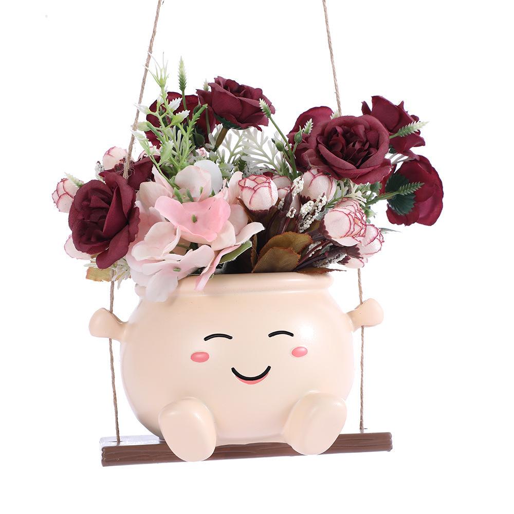 Smiley Face Succulent Planter: Creative Resin Flower Pot with Swing Ornaments