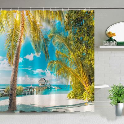 Hawaii Landschaft Außendusche Vorhang Insel Strand Kokosnuss Tropisch Ozean Naturlandschaft Hängender Vorhang Badezimmer Dekorationsset