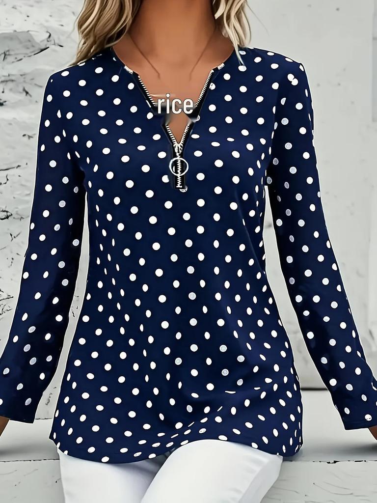2025 Plus Size Women's Polka Dot Long Sleeve V-Neck Zipper Pullover Top
