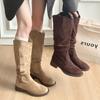 New Style Women's Low Heel Side Zip Suede Thigh High Women's Luxury Boot Retro Woman Boots Autumn Winter Knee High Boots