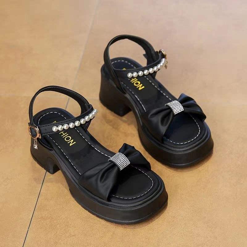 

Женские жемчужные сандалии 2025: Универсальные французские римские пляжные туфли на толстой подошве для лета 35 чёрный