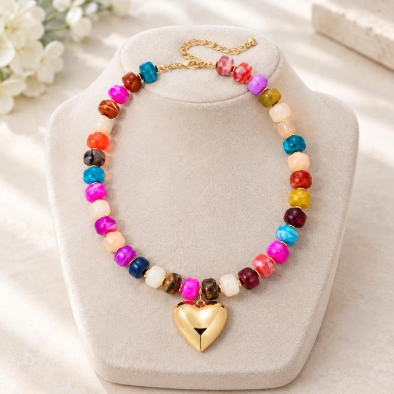Adjustable Beaded Pendant Necklace with Rounded Resin Beads, Heart-Shaped Center Pendant, Extension Chain, and Lobster Clasp