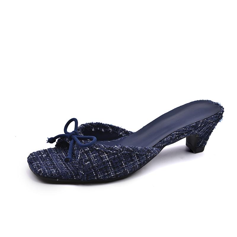 

Модные темно-синие твидовые мюли с квадратным носком и бантом, женский брендовый дизайн, шлепанцы на низком каблуке, элегантная женская обувь для вечеринок 42 тёмно-синий