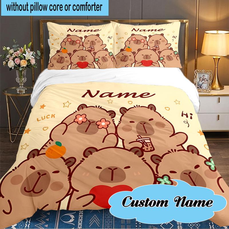Custom Name 3PCS Kapibala Bedding Set Including 1pc Duvet Cover And 2pcs Pillowcases for Bedroom, Dormitory Gift Home Decor