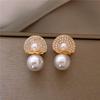 Temperament Fan Shape Imitation Pearl Crystal Stud Earring for Women Zircon Accessory Wholesale Wedding Christmas Girl Gift