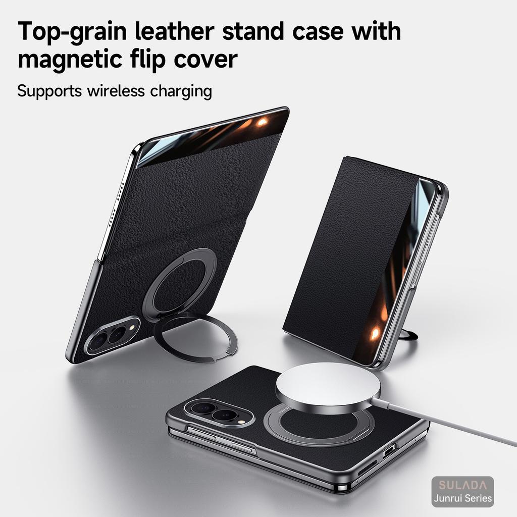 Original Luxury Genuine Leather Magnetic Case For Samsung Galaxy Z Fol8 Fold 8 Metal Ring Holder Bracket Window View Flip Cover