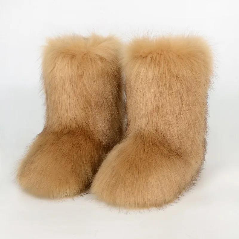 Fashion 2024 New Comfortable Imitation Raccoon Fur Snow Boots with Midsole for Women's Winter Warmth and Comfort, Hairy Women's Boots