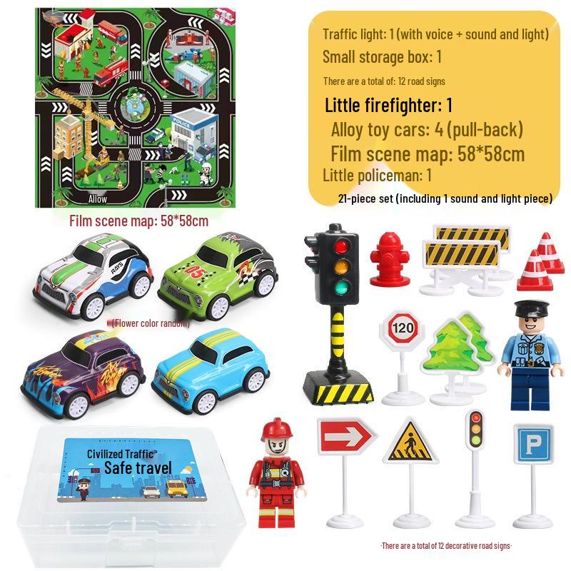 Traffic Signal and Light Educational Set: Safety Teaching Aids, Road Signs, Car Models, and Parking Scene Map
