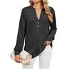 Women's Fashionable Solid Color V-neck Long Sleeved Button Casual Pullover Top